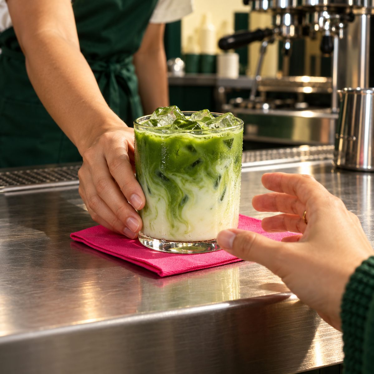 Iced Matcha Latte wird an der Theke über den Tresen gereicht