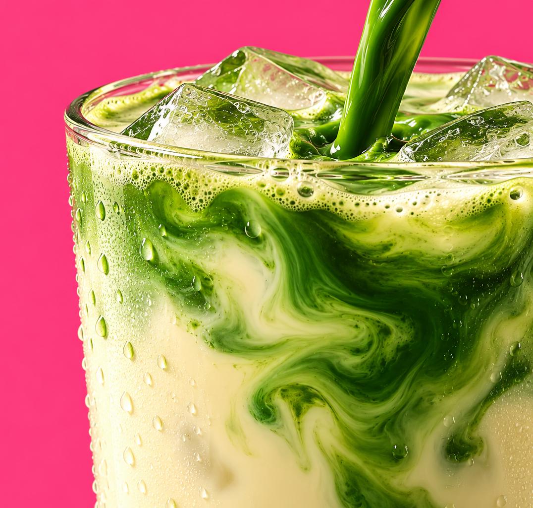 Iced Matcha Latte im Glas, in das gerade Matcha-Konzentrat eingegossen wird