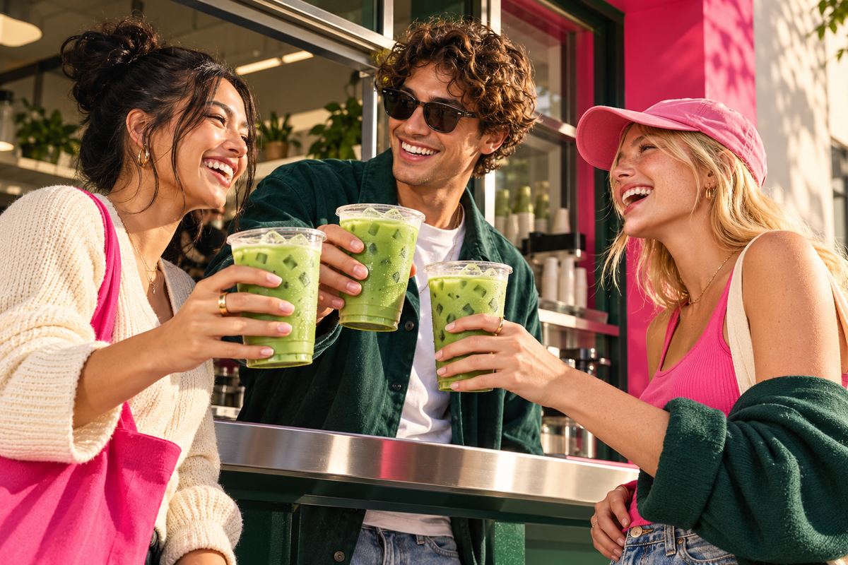 Drei Gäste stoßen vor einem Café mit Iced Matcha Latte an