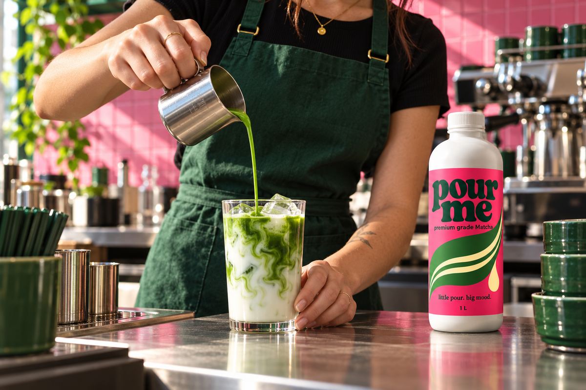 Barista gießt Matcha-Konzentrat in ein Glas mit Milch und Eis, daneben die pour me Flasche